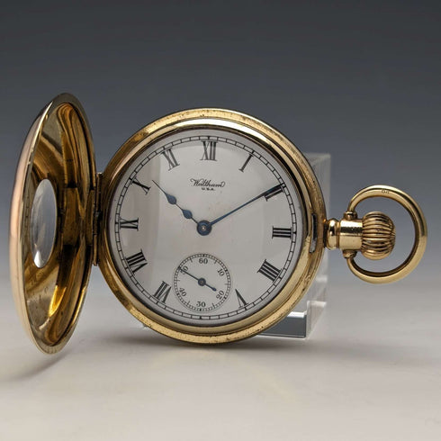 约1915年 美国古董沃尔瑟姆(Waltham)怀表,丹尼森(Dennison)表壳,包金半猎表,已保养。