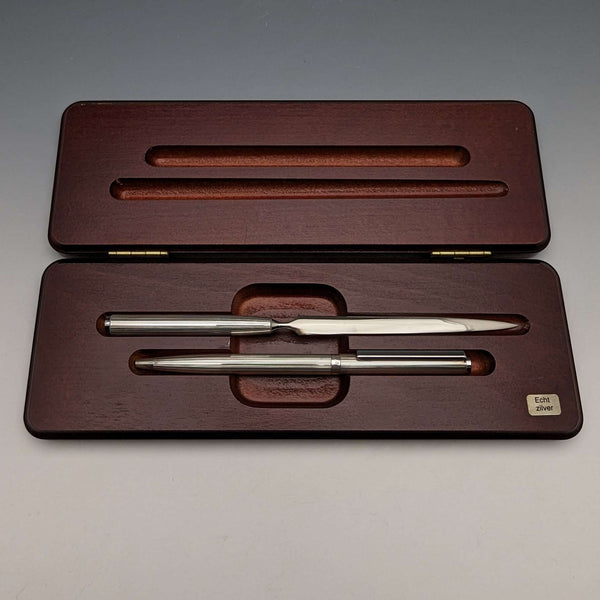 Vintage Sterling Silver Letter Opener & Ballpoint Pen Set in Wooden Case