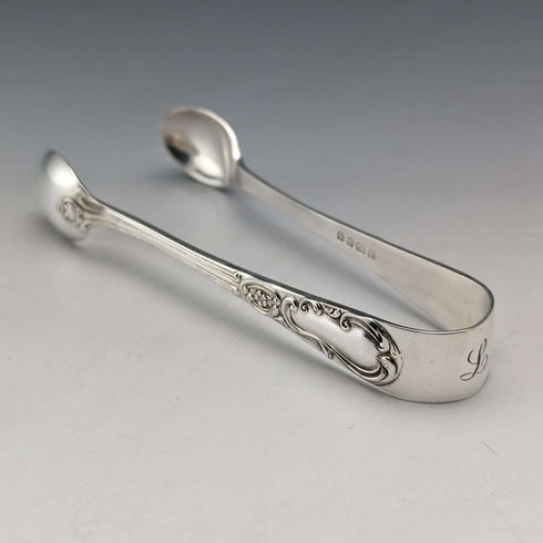 Juego de 12 cucharillas de té y pinzas para azúcar de plata chapada, antigüedades inglesas de 1905, en estuche
