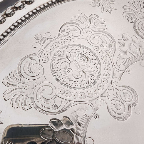 Bandeja salva de plata esterlina antigua británica de 1903, diámetro 32 cm, 824 g, GOLDSMITHS & SILVERSMITHS
