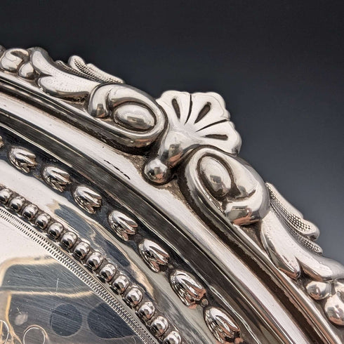 Bandeja salva de plata esterlina antigua británica de 1903, diámetro 32 cm, 824 g, GOLDSMITHS & SILVERSMITHS