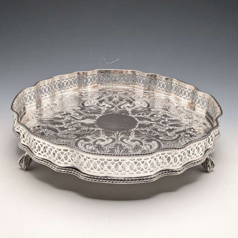 British Vintage Silver Plated Gallery Tray with Legs 25cm Diameter Walker&Hall