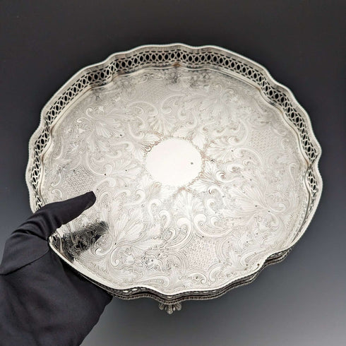 British Vintage Silver Plated Gallery Tray with Legs 25cm Diameter Walker&Hall