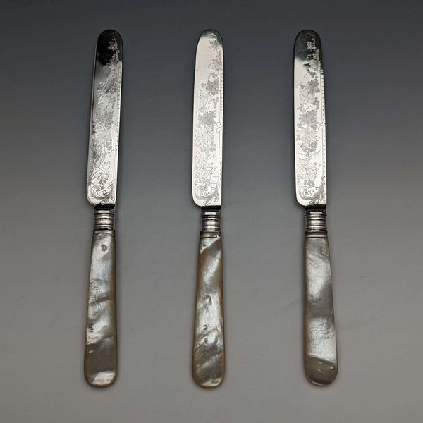 1880년 영국 앤틱 조각 백접패 핸들 디저트 나이프 3점 Stokes & Ireland