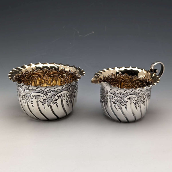 Azucarero y jarra de crema de plata esterlina, antigüedades británicas de 1891, 88 g en total, James Dixon & Sons