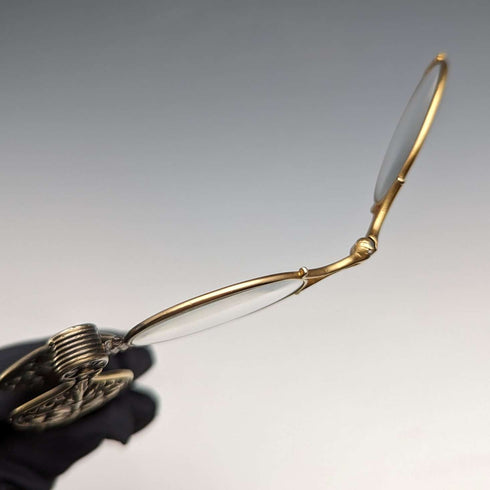 Lorgnette plegable de bolsillo de plata esterlina chapada en oro, antigüedad estadounidense