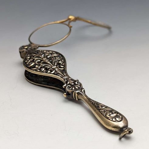 Lorgnette plegable de bolsillo de plata esterlina chapada en oro, antigüedad estadounidense