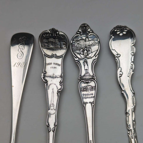 Around 1900 US Antique Sterling Silver Souvenir Spoon x4 Dessert Spoon Size