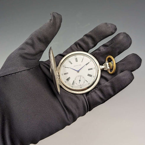 1912年頃 アンティーク ゼニス 懐中時計 彫刻銀側ハンター 動作良好