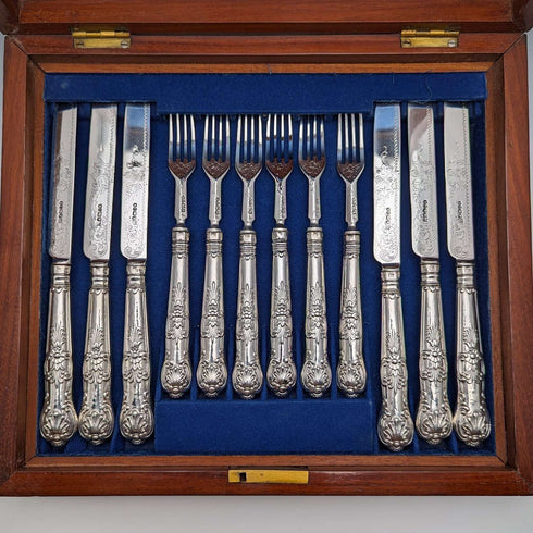 1862 年英國古董純銀甜點餐具 6 對套裝共 467 克 Martin & Hall 木盒