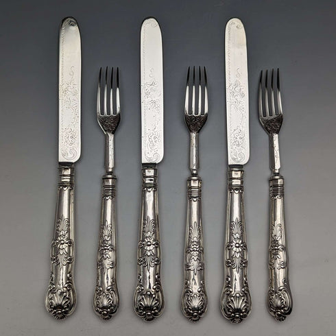 1862 British Antique Sterling Silver Dessert Cutlery 3 Pair Set Total 233g Martin & Hall Tray Included