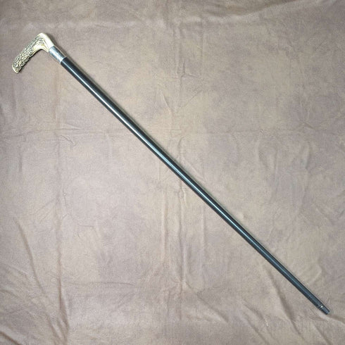 1890年 英国古董绅士手杖 L型鹿角柄 纯银装饰 黑色杖身 91cm
