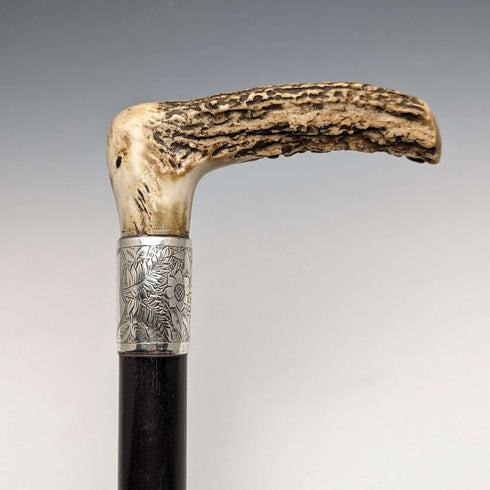 1890年 英国古董绅士手杖 L型鹿角柄 纯银装饰 黑色杖身 91cm