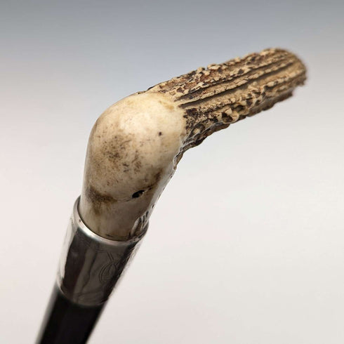 1890年 英国古董绅士手杖 L型鹿角柄 纯银装饰 黑色杖身 91cm