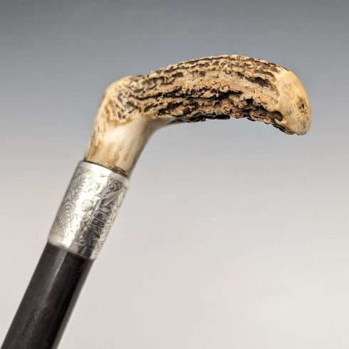 1890年 英国古董绅士手杖 L型鹿角柄 纯银装饰 黑色杖身 91cm