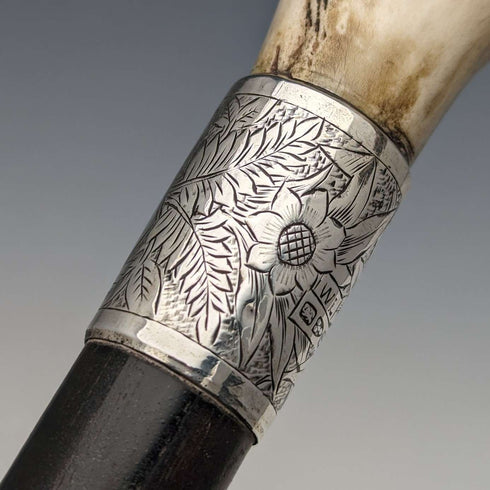 1890年 英国古董绅士手杖 L型鹿角柄 纯银装饰 黑色杖身 91cm