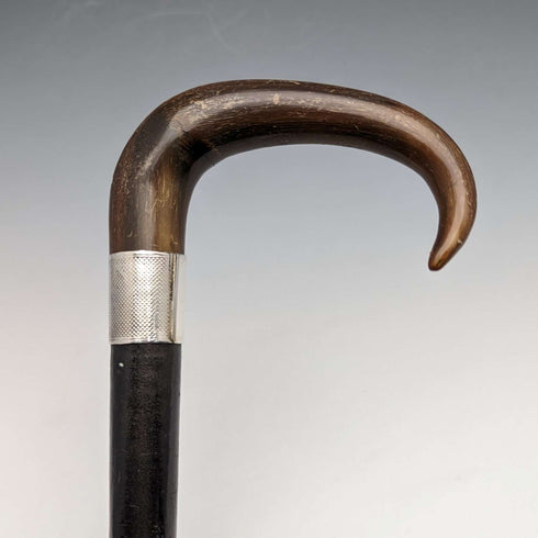 1907 British Antique Men's Cane Horn Handle Sterling Silver Decoration Black Shaft 88cm