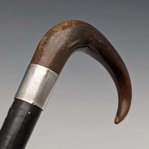 1907 British Antique Men's Cane Horn Handle Sterling Silver Decoration Black Shaft 88cm