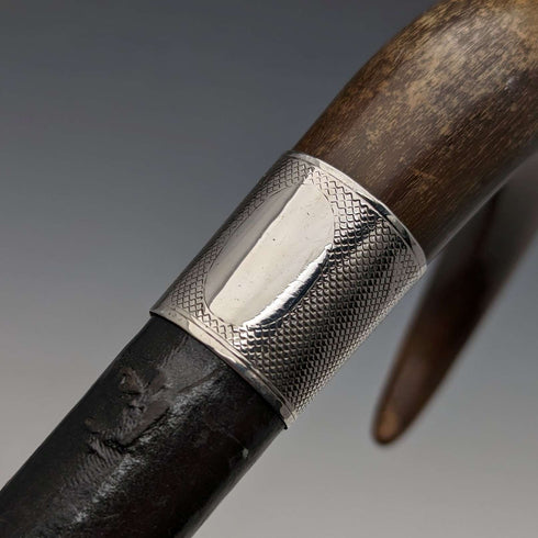 1907 British Antique Men's Cane Horn Handle Sterling Silver Decoration Black Shaft 88cm