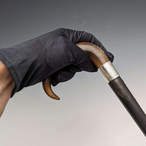 1907 British Antique Men's Cane Horn Handle Sterling Silver Decoration Black Shaft 88cm