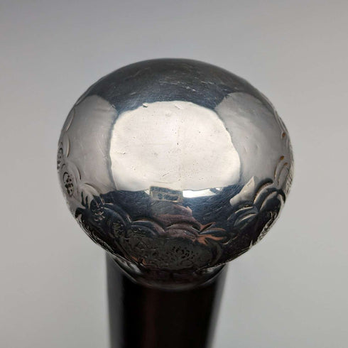 1913 British Vintage Men's Walking Stick, Sterling Silver, Round Handle, 91cm, Black Shaft