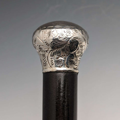 1913 British Vintage Men's Walking Stick, Sterling Silver, Round Handle, 91cm, Black Shaft