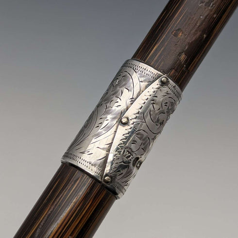 1921 British Antique Men's Cane, Lightweight Curved Handle, Sterling Silver Decoration, Brown Shaft, 88cm
