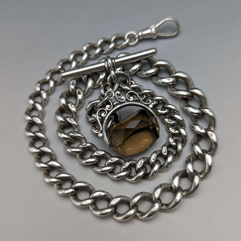 Circa 1890 British Antique Sterling Silver Albert Chain 59g Rotating Fob