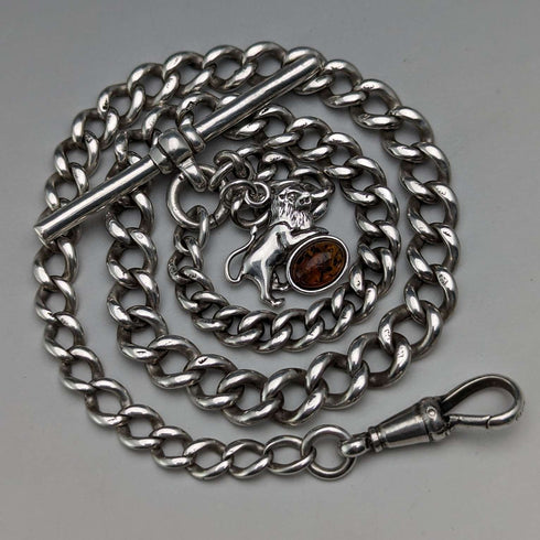 Circa 1910 British Antique Sterling Silver Albert Chain 34g Lion Fob with Amber