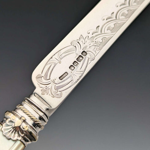 1875年 英国アンティーク 白蝶貝ハンドル&純銀ブレード カトラリー9ペアセット Walker & Hall 木箱入り