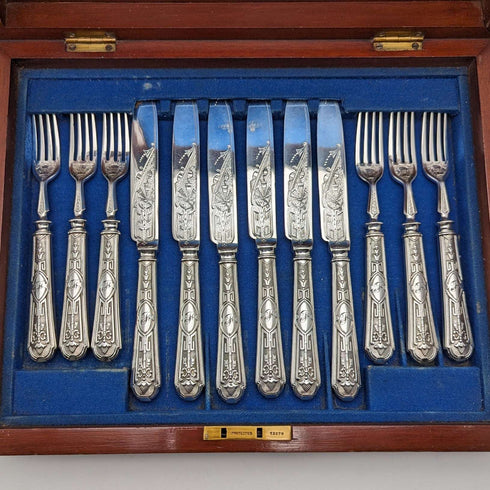1861 British Antique Silver Plated Cutlery Set of 6 Elkington Wooden Box