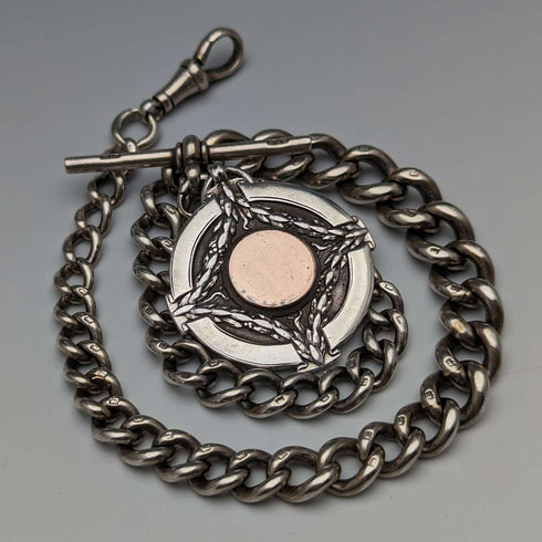 Circa 1923 British Antique Sterling Silver Albert Chain 56g Medal Fob