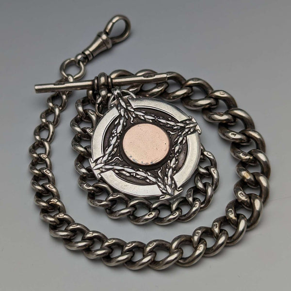 Circa 1923 British Antique Sterling Silver Albert Chain 56g Medal Fob