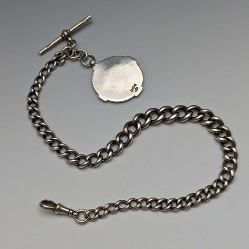 Circa 1923 British Antique Sterling Silver Albert Chain 56g Medal Fob