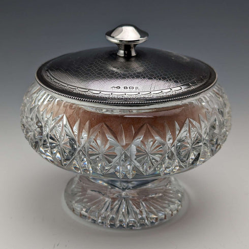 1929年 英国ヴィンテージ カットガラス ミラー付きパウダージャー 純銀蓋 Harrison & Hipwood