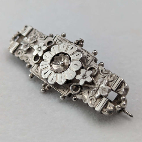 Broche de plata de ley con diseño floral, antigüedad británica de 1895, Adie & Lovekin