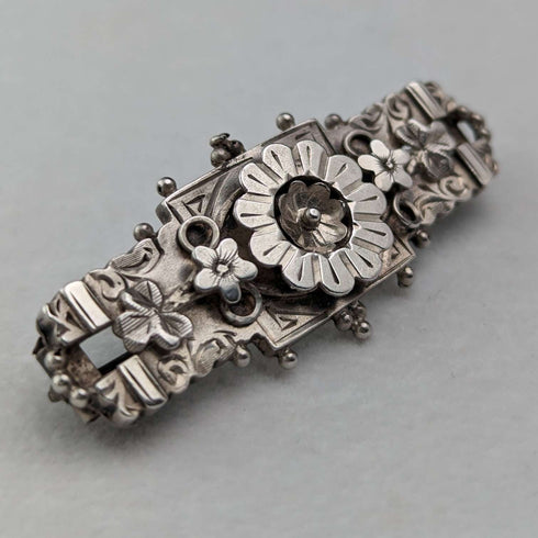 Broche de plata de ley con diseño floral, antigüedad británica de 1895, Adie & Lovekin