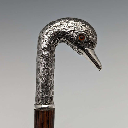 Bastón antiguo británico para dama, empuñadura de plata con cabeza de cisne, 77 cm