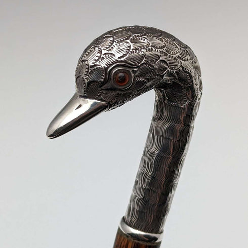 Bastón antiguo británico para dama, empuñadura de plata con cabeza de cisne, 77 cm