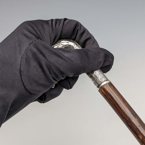 Bastón antiguo británico para dama, empuñadura de plata con cabeza de cisne, 77 cm