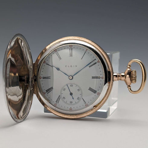 1914 US Antique Elgin Pocket Watch Sterling Silver Multicolor Hunter Case Good Working Condition