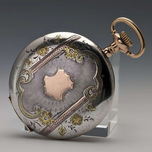 1914 US Antique Elgin Pocket Watch Sterling Silver Multicolor Hunter Case Good Working Condition