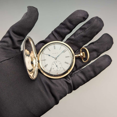 1914 US Antique Elgin Pocket Watch Sterling Silver Multicolor Hunter Case Good Working Condition