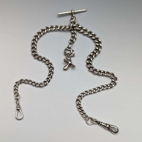 Circa 1920 British Antique Sterling Silver Double Albert Chain 59g Sterling Silver Lizard Fob