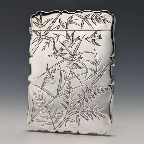 1881 British Antique Sterling Silver Card Case Japonisme Decoration 63g Deakin and Nephew