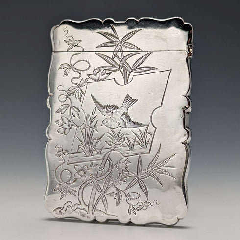 1881 British Antique Sterling Silver Card Case Japonisme Decoration 63g Deakin and Nephew