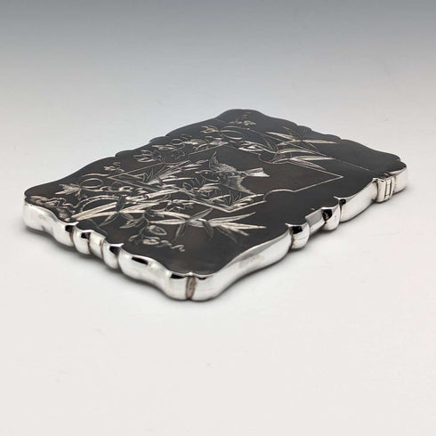 1881 British Antique Sterling Silver Card Case Japonisme Decoration 63g Deakin and Nephew