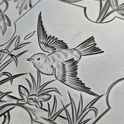 1881 British Antique Sterling Silver Card Case Japonisme Decoration 63g Deakin and Nephew