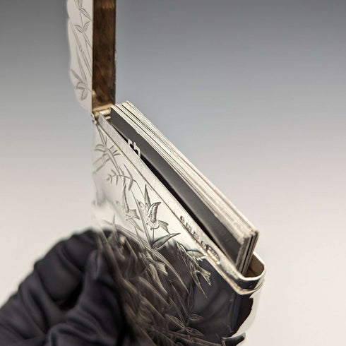 1881 British Antique Sterling Silver Card Case Japonisme Decoration 63g Deakin and Nephew