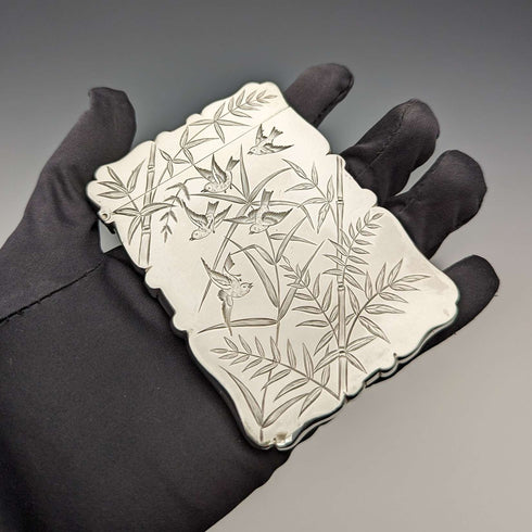 1881 British Antique Sterling Silver Card Case Japonisme Decoration 63g Deakin and Nephew